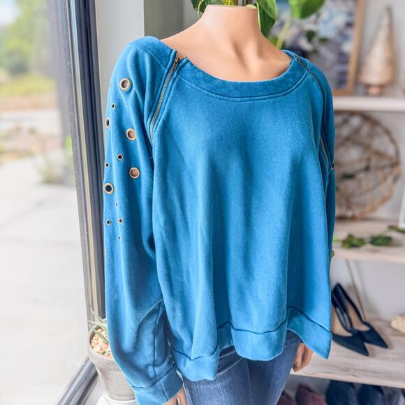 Venus Lightweight Teal Sweatshirt w/ Brass Grommet Holes & Zippers-Women's 3XL - Picture 2 of 11